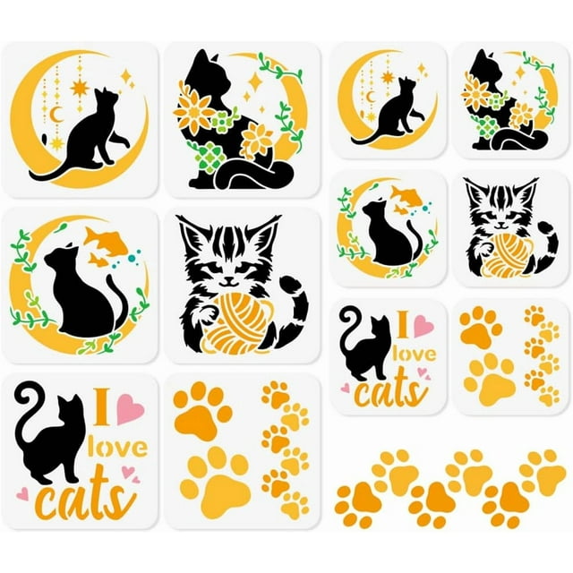 12 plantillas de siluetas de gatos con forma de luna para pintar, plantillas reutilizables para dibujar gatitos, plantillas para manualidades con huellas de patas.