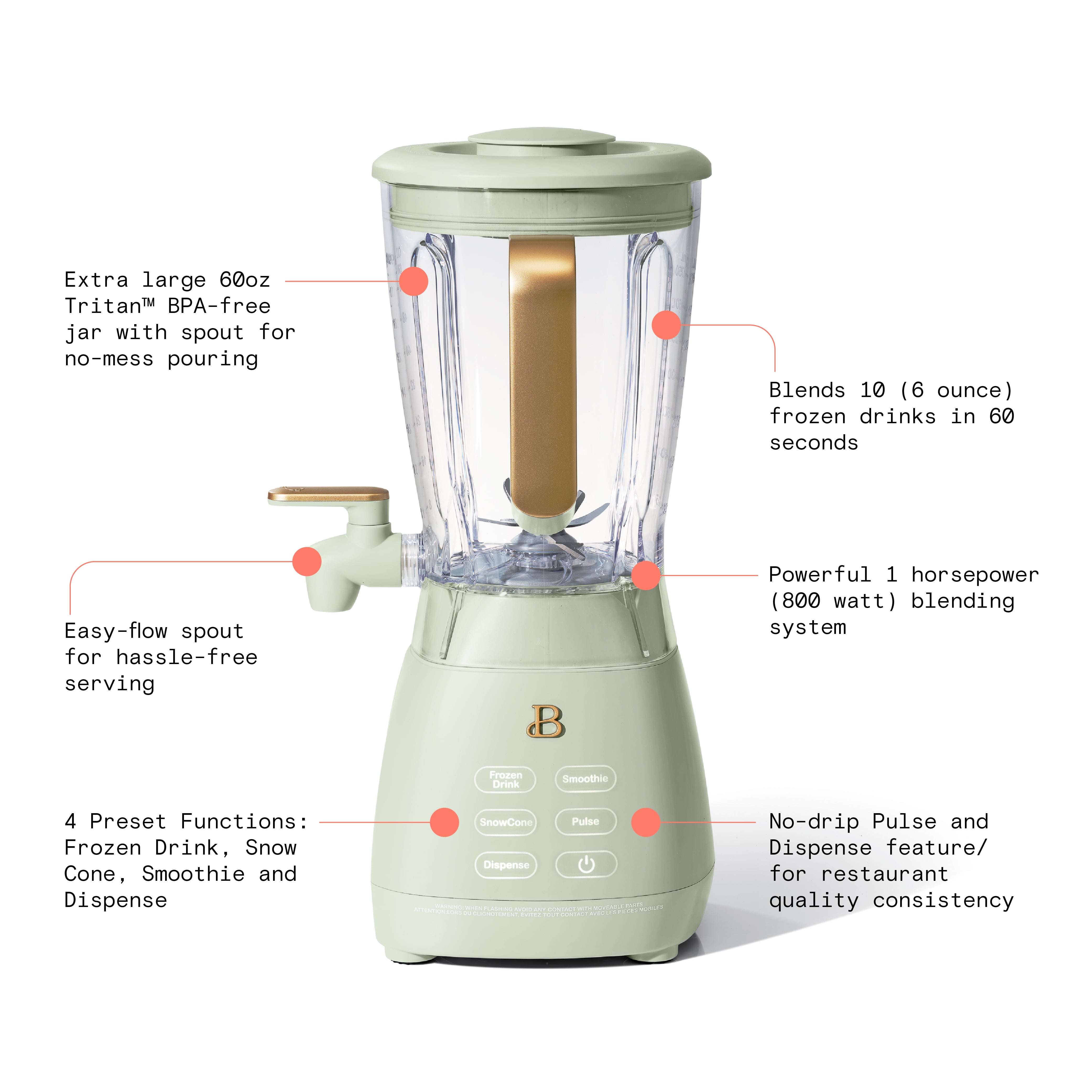 Beautiful Slush Crush 60 oz 4-Speed Frozen Drink Maker, Sage Green by Drew Barrymore