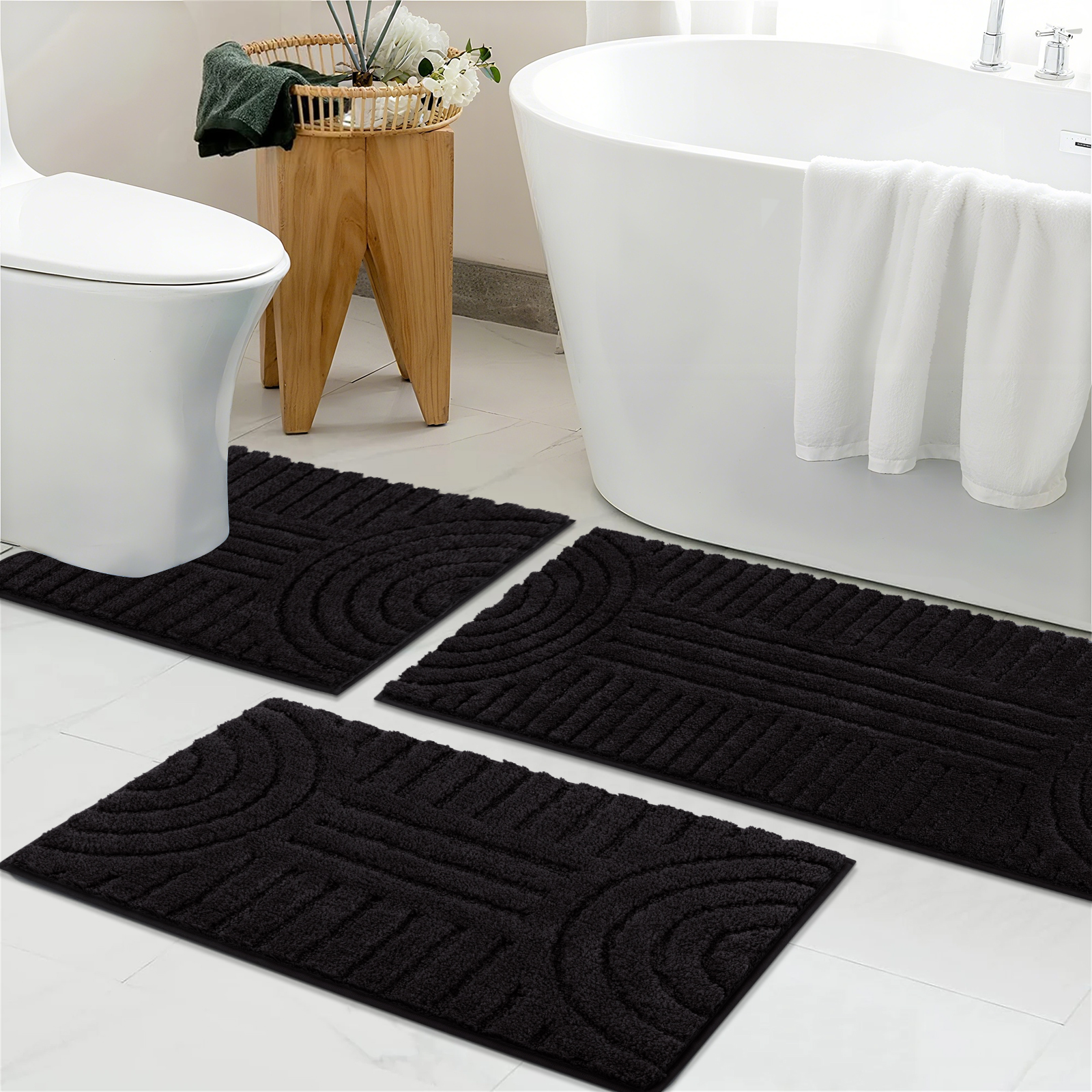Bathroom Rugs Sets 3 Piece, Soft Absorbent Microfiber Bath Mats and U-Shaped Contour Toilet Rug, Plush Shaggy Bath Mat Set for Bathroom