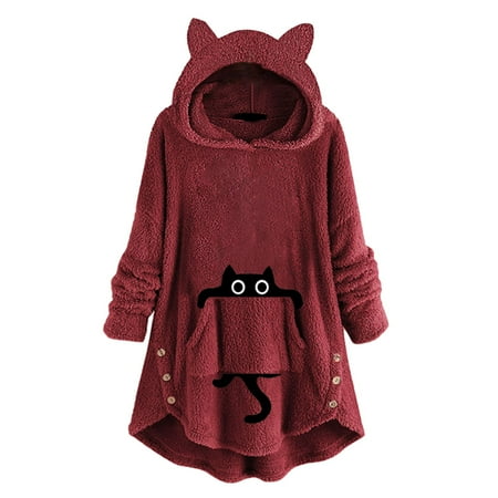 

Women Zip up Sweatshirt Cat Hoodies Sleeve Fleece Long Top Printed Pullover With Button Cute Scrub Star Tops