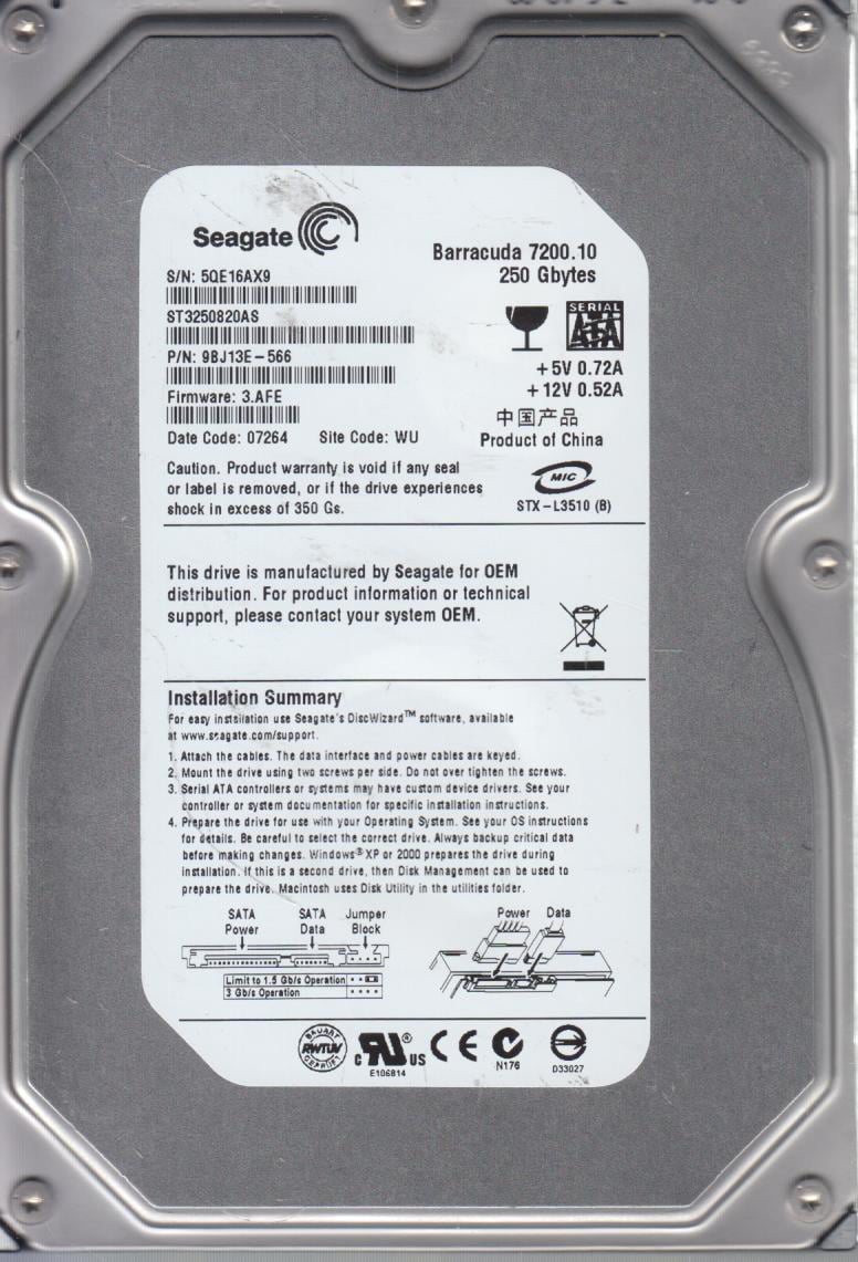 Seagate 250GB SATA 3.5 Hard Drive 5QE WU ST3250820AS PN 9BJ13E-566 FW 3.AFE 