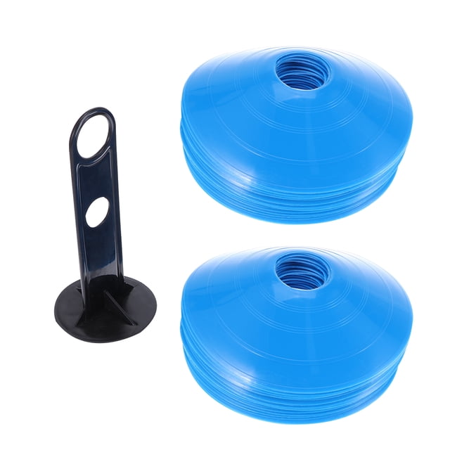 MasteelfCA 26pcs Football Training Sign Dish Plate Cone Marker Tray Football Training Tray (25pcs Blue Marker Tray, 1pc Black Rack)