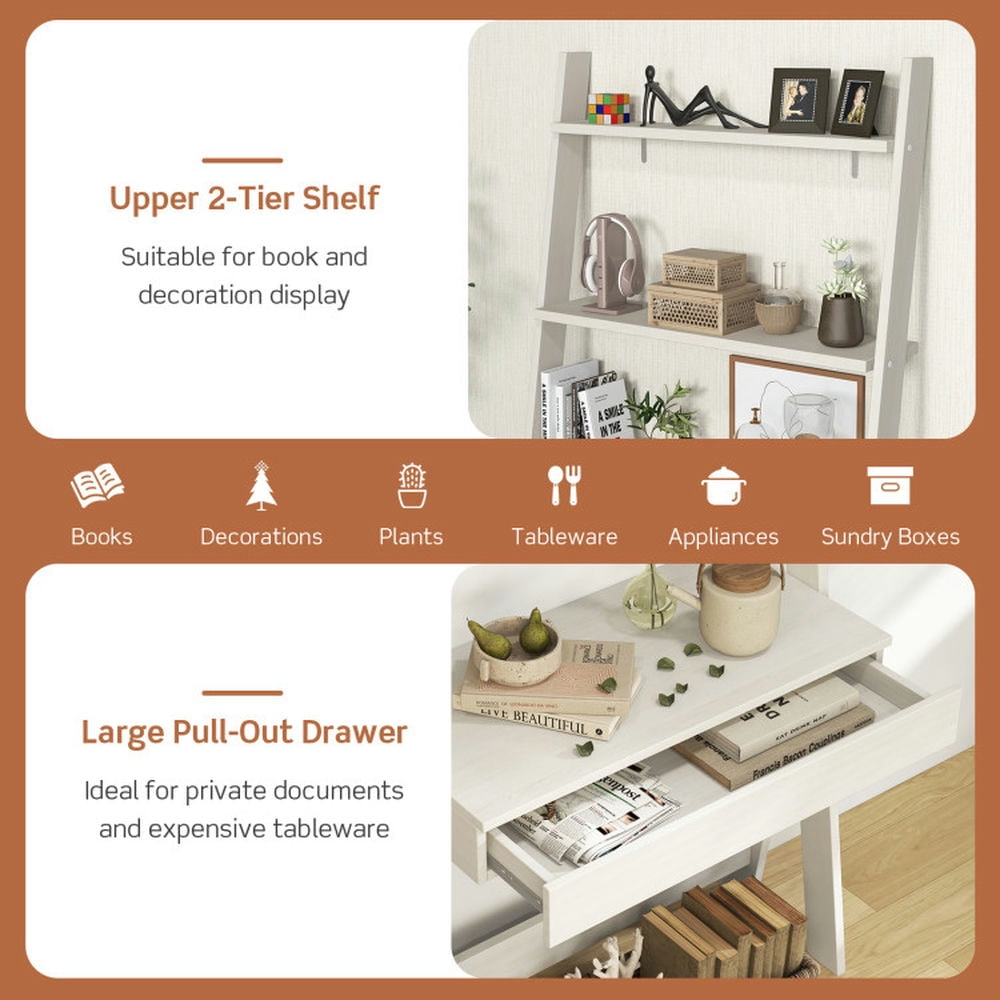 Demi Bonn 3-Tier Ladder Bookshelf, Desk Bookcase with Countertop Drawer and 2 Shelves, White