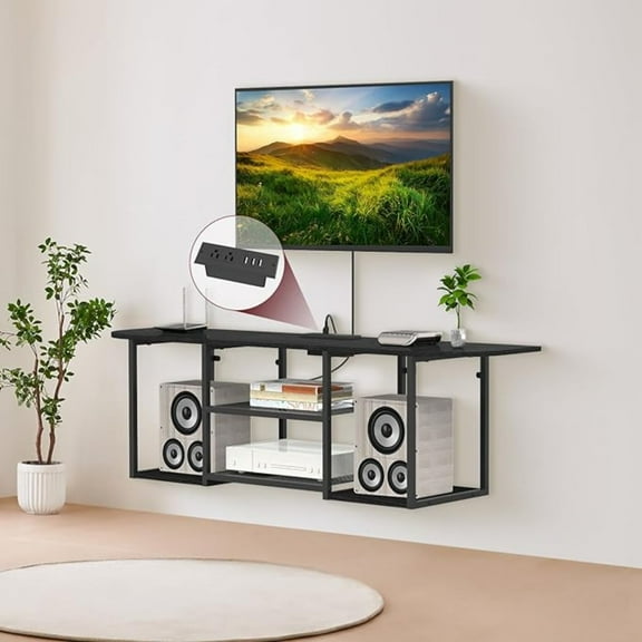 BTY Farmhouse TV Stand for 50/60 Inch TV, Wall Mounted Media Console with Open Storage Shelves, Storage Drawers, TV Console for Living Room, Black