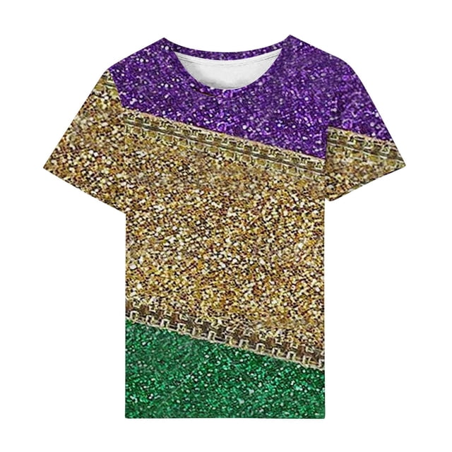 MSJUHEG T-Shirts Mardi Gras pour Femmes, T-Shirts Graphiques, T-Shirts de Carnaval, T-Shirt Imprimé à Manches Courtes Col Rond Mode Décontractée Haut Masque T-Shirt Graphique, Vêtements Mardi Gras Or 2TG