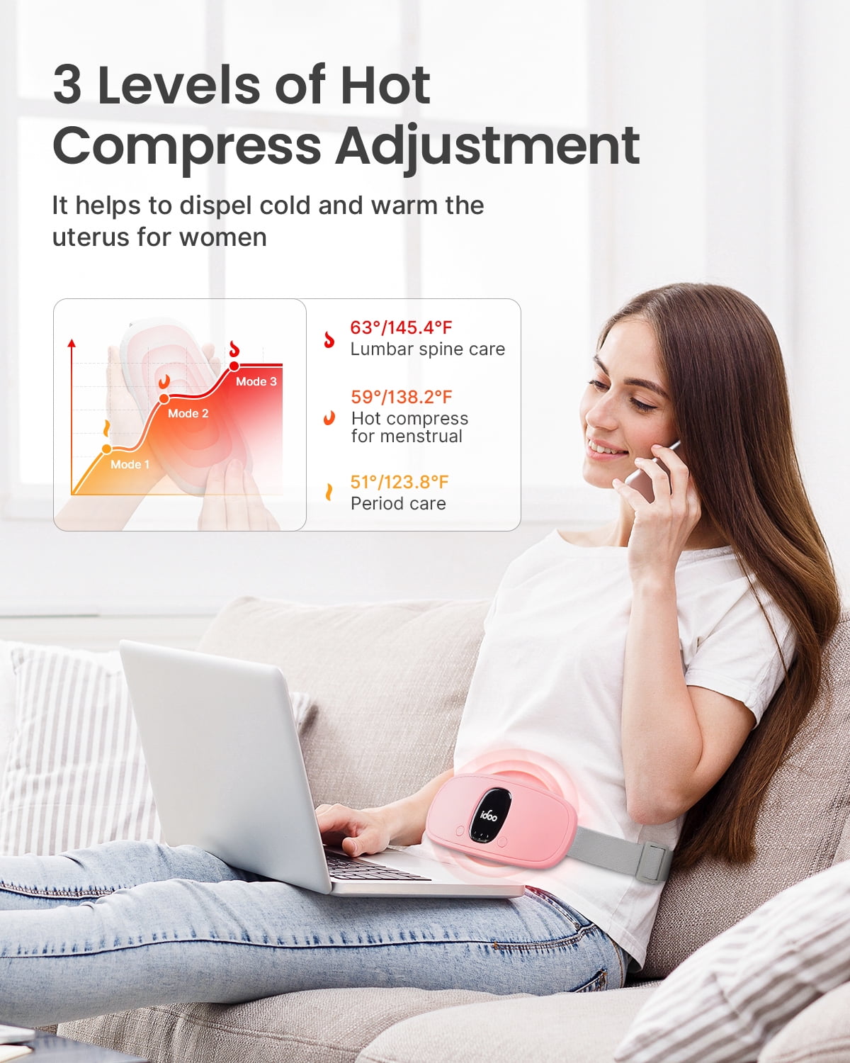 Cordless Heating Pad for Period Cramps, 3 Heat Setting, Birthday Mothers Day Gifts Girlfriend Mom Wife Women, Fsa Hsa Eligible, Pink