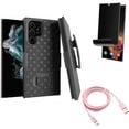 thumbnail image 1 of Privacy Screen Protector & 6ft USB-C Cable & Case Belt Clip for Samsung Galaxy S22 Ultra (6.8") - Combo TPU Film (Fingerprint) Anti-Peep & Pink Charger Cord Power & Holster Swivel Cover, 1 of 1
