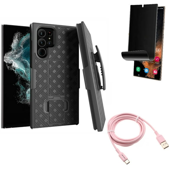 Privacy Screen Protector & 6ft USB-C Cable & Case Belt Clip for Samsung Galaxy S22 Ultra (6.8") - Combo TPU Film (Fingerprint) Anti-Peep & Pink Charger Cord Power & Holster Swivel Cover