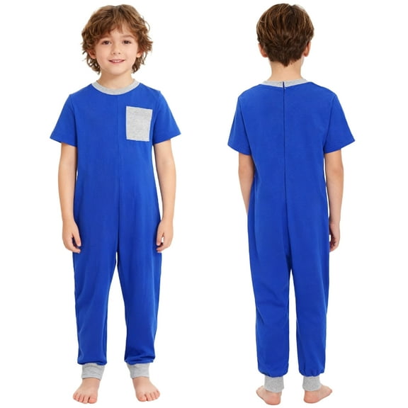 inlzdz Special Needs Adaptive Clothing for Kids Short Sleeve Anti-Strip Romper Long Leg Zip Back Jumpsuit Royal Blue 10