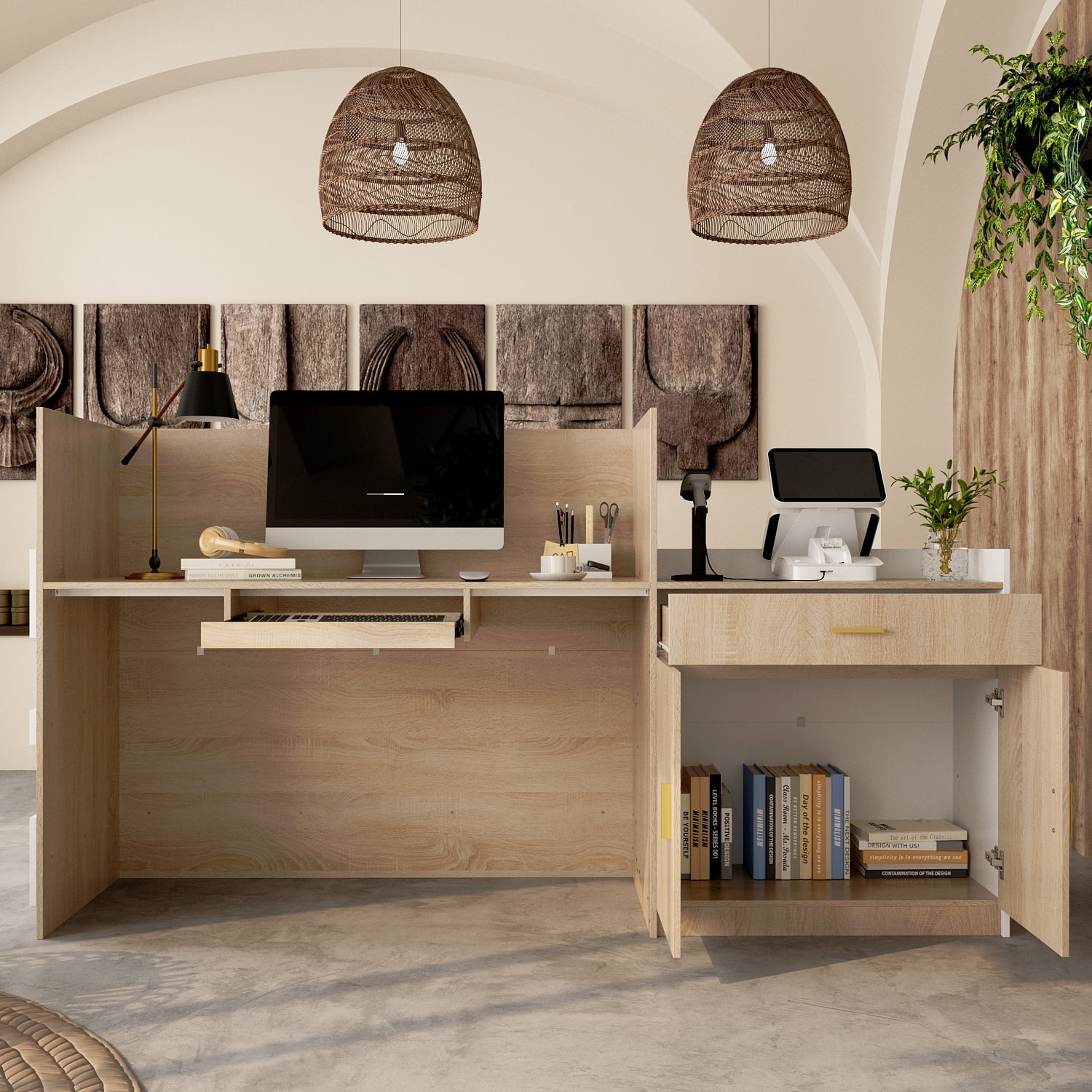 KULAGAGA Reception Desk with Drawer & Cabinet, Reception Counter Desk with Keyboard Tray, Front Reception Table Retail Counter for Checkout, for Office Store, Oak and White, 25.2”D x 87.2”W x 47.2”H