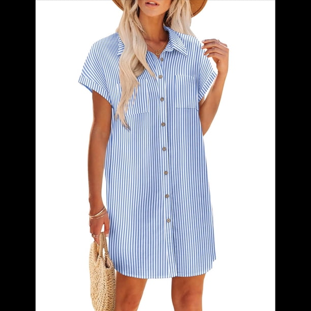 Vestido Camisero Informal de Verano para Mujer, de Algodón y , con Cuello en V, Botones, Corta y Cintura Holgada, Azul Rayado, Talla L