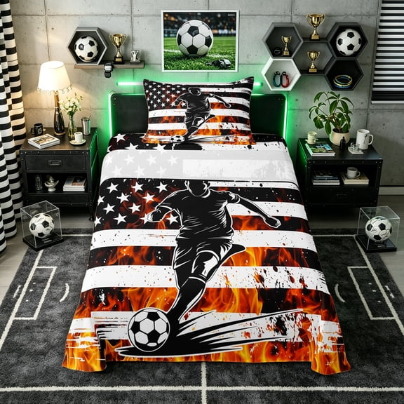 Erosebridal Soccer Gamer Flame Twin Sheet Sets 3pcs for Boys,Vintage USA Flag Bedding for Kids Teens,Breathable Home Decor
