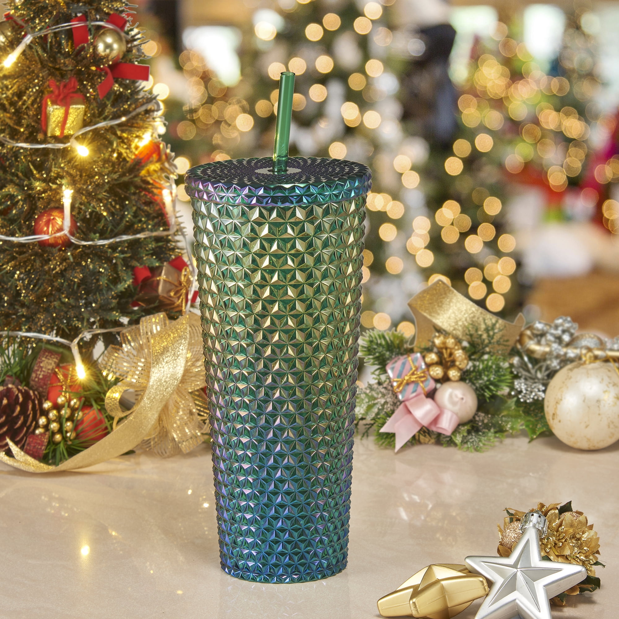 Holiday Time Christmas 26oz DW AS Plastic Textured Tumbler, Iridescent Green