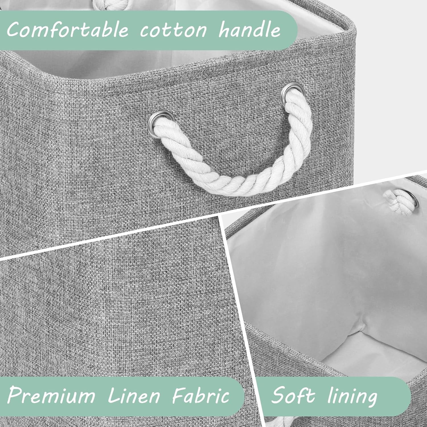 ThrottleT-Large 11x11 Inch Cube Storage Bins with Cotton Handles for Closet, Shelves, Clothes, Towel (Gray-6 Pack)