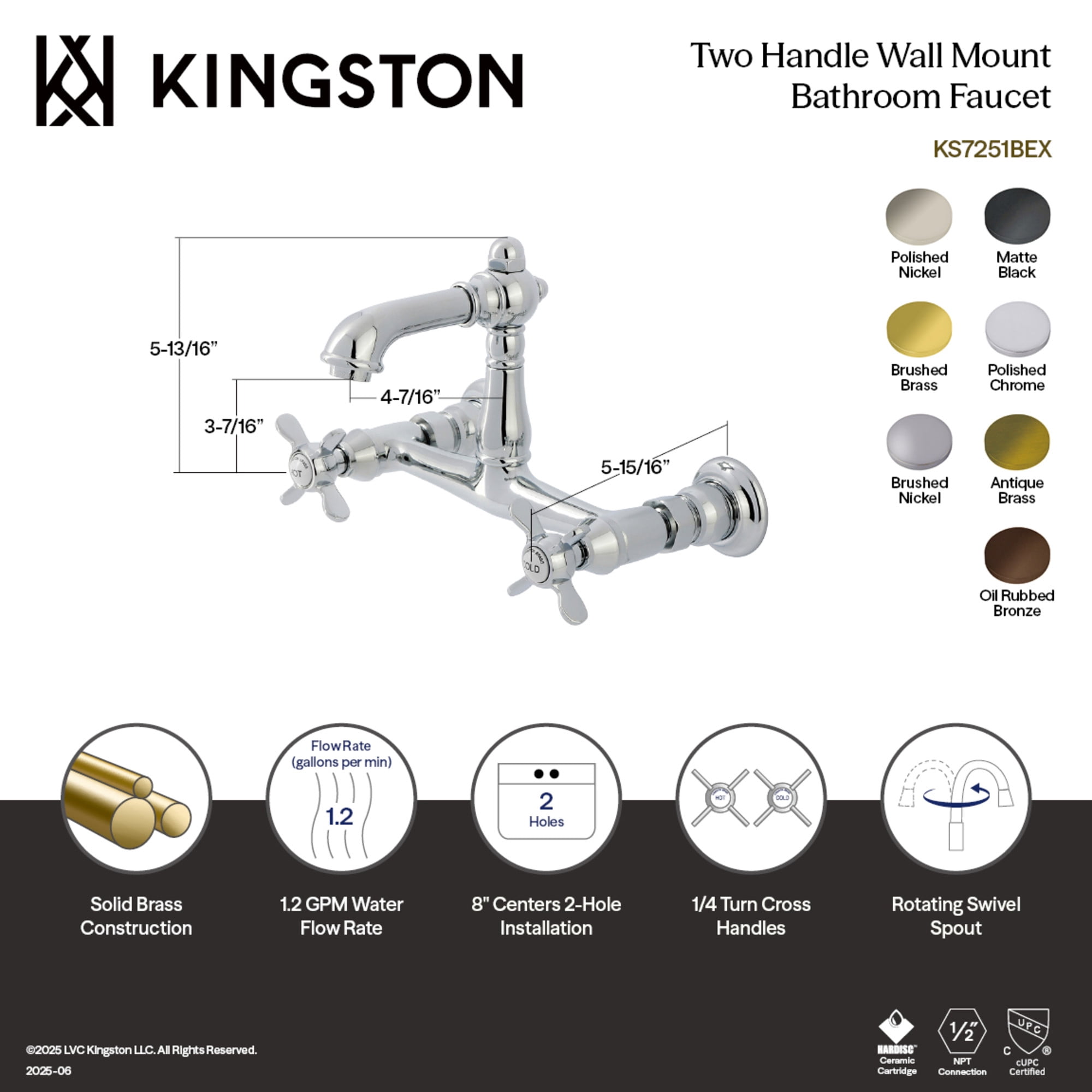 Kingston Brass KS7257BEX Essex Double-Handle 2-Hole Wall Mount Bathroom Faucet in Brushed Brass