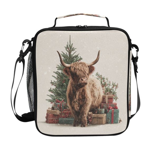 Insulated Square Lunch Bag with Side Mesh Pocket Fashion Lunch Box Reusable Lunch Tote 10.5" x9.5" x3.5" Cow and Christmas Gifts