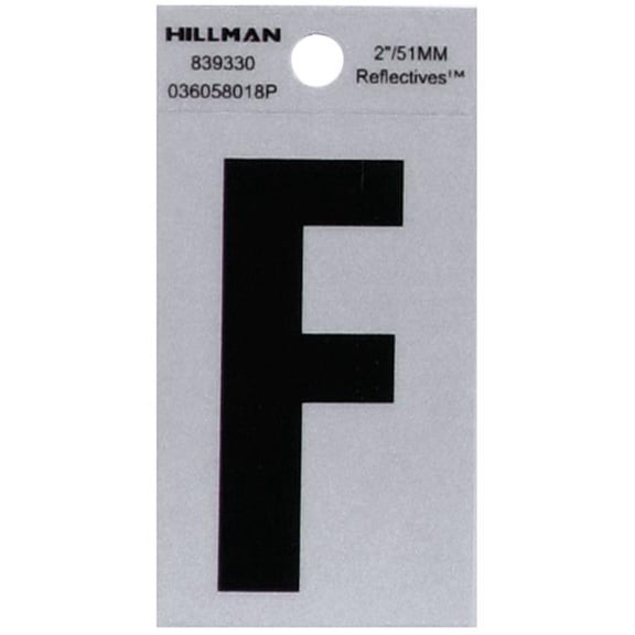 Hillman Group 839330 2 in. Black & Silver Reflective Mylar Square Cut Self Adhesive Letter - F - 6 Piece
