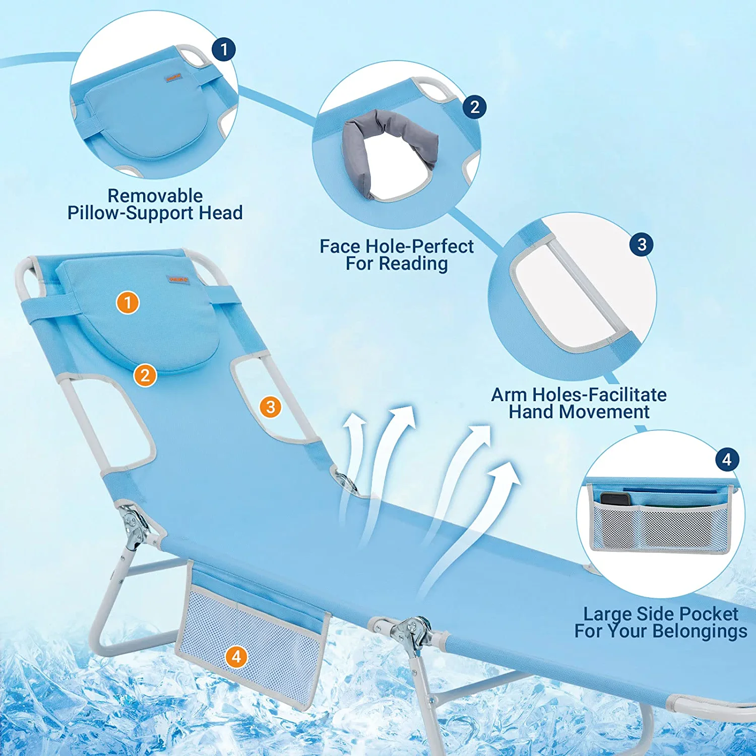 #WEJOY Face Down Tanning Chair, Beach Lounge Chairs, Portable Lightweight Reclining Chair for Adult(Blue) - image 3 of 5