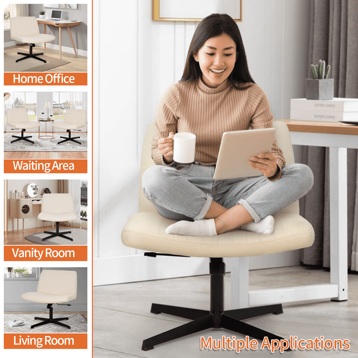 BIQWBIC Vanity Chair Adjustable Home Office Desk Chair Armless Swivel Cross Legged Chair with No Wheels, Beige