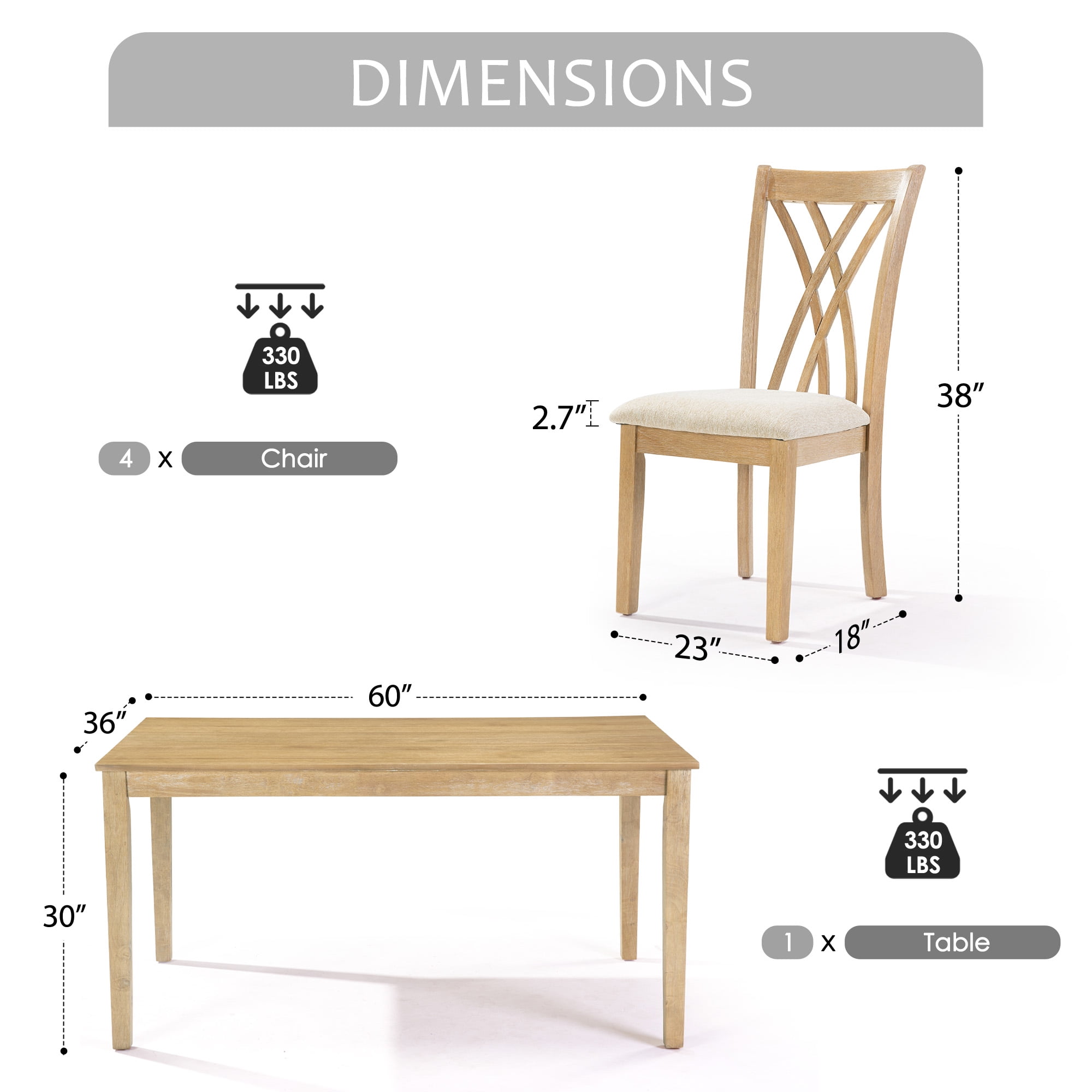 Yoneston Modern Dining Table for 4, 60" Large Wood Dining Table Set with 4 Chairs for Living Room, Kitchen and Pantry