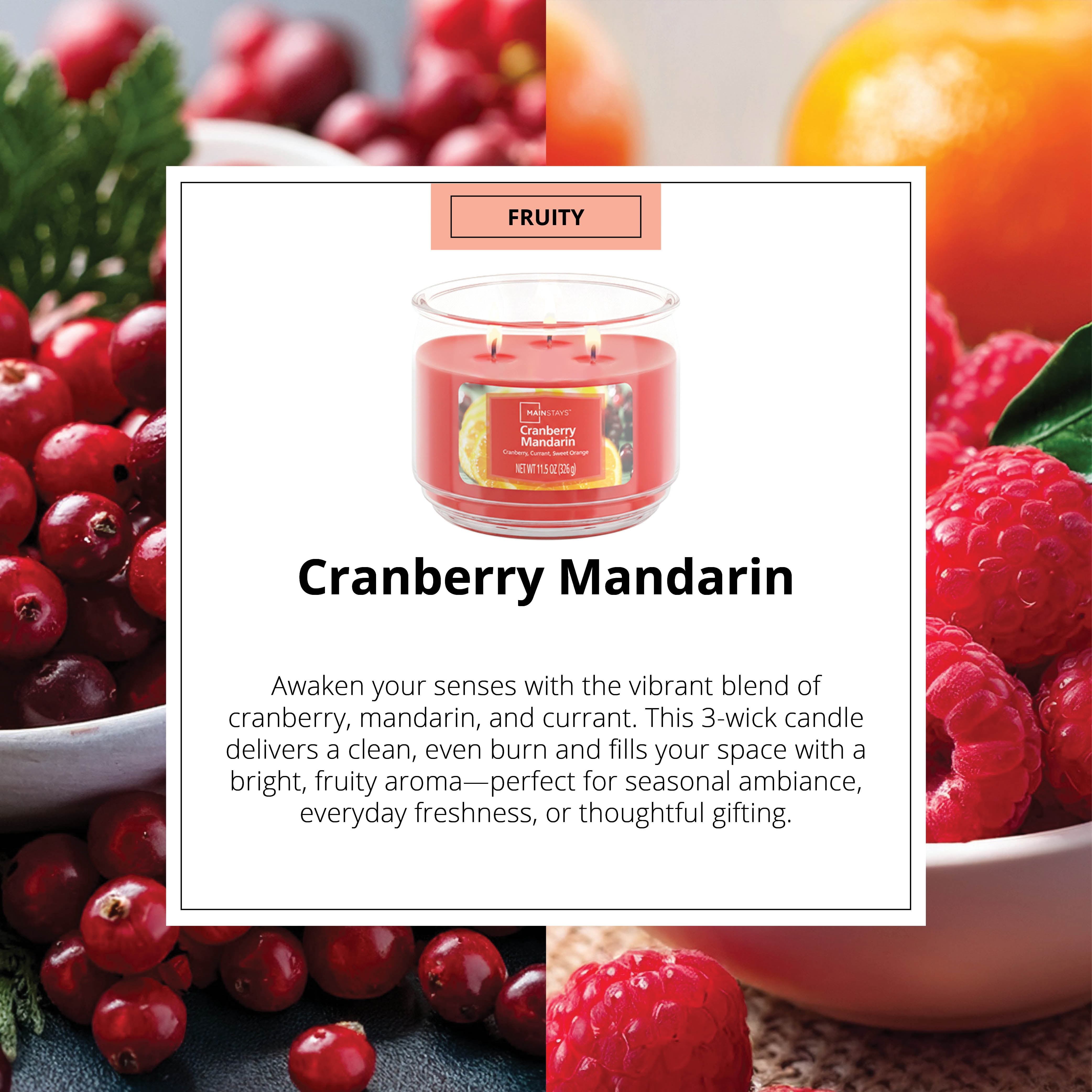 Mainstays 3-Wick Scented Glass Jar Candle, Cranberry Mandarin, 11.5oz.