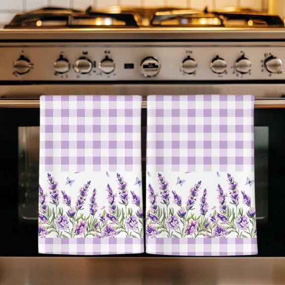 Purple Lavenders Kitchen Towels Set of 3, Spring Floral Plaid Farmhouse Elegant Absorbent Dish Towels for Kitchen, Microfiber Hand Towel, Quick Drying Tea Towel for Cleaning Decorative Dishcloths