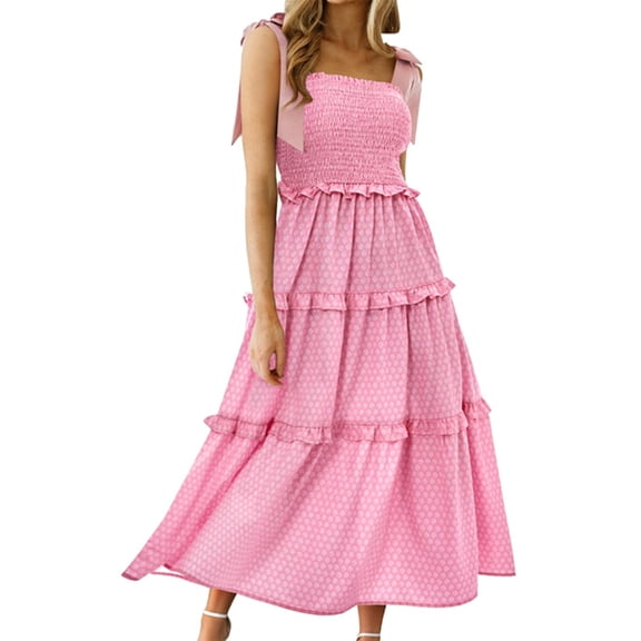 Square Neckline Women Floral Print Sleeveless Smock Long Ruffle Dress