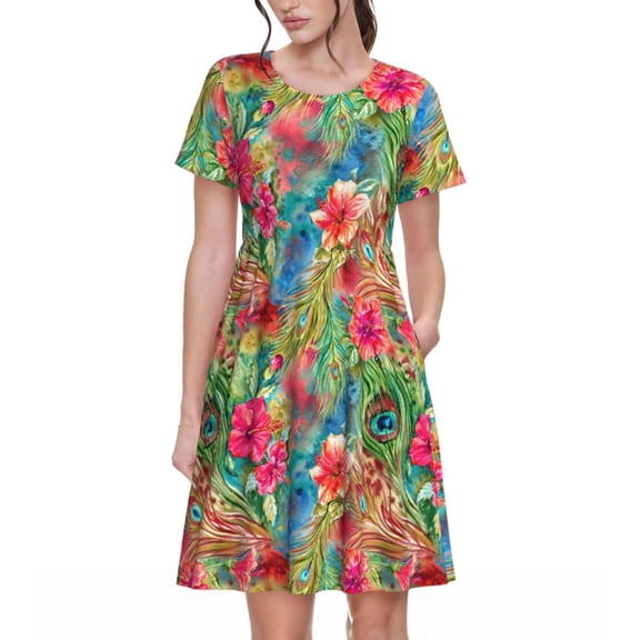 Picia Peacock Feathers And Flowers Pattern Women's Short Sleeve Summer Dress Pleated Loose Swing Knee Length Short Sleeve Swing Dresses