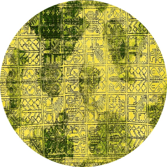 Ahgly Company Machine Washable Indoor Round Abstract Yellow Modern Area Rugs, 7' Round