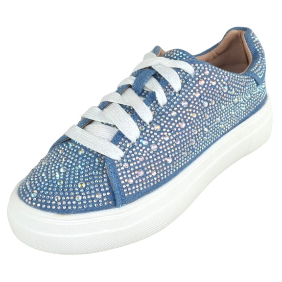 La Sheelah Women’s Rhinestone Platform Sneakers – Sparkly Glitter Fashion Shoes, Bling Casual Lace-Up Sneakers, Crystal Streetwear Flatform Shoes DOLCE-66 Blue Denim 5.5