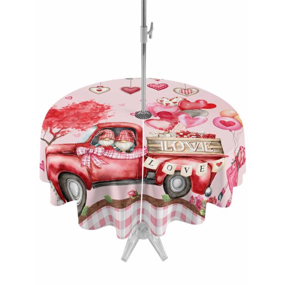 Outdoor Tablecloth with Umbrella Hole and Zipper, Pink Valentine's Day Round Table Cloth 60 Inch Waterproof Tablecloth, Love Heart Roses Gnomes Truck Picnic Table Cover for Patio Camping