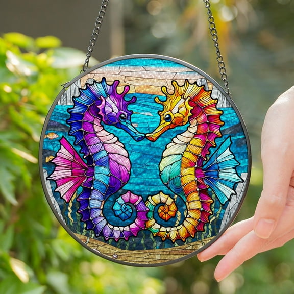 Lotusprinthandmade Seahorses Couple Valentines Day Stained Glass Suncatcher for Window Hanging Cir4in, seahorses couple window hanging
