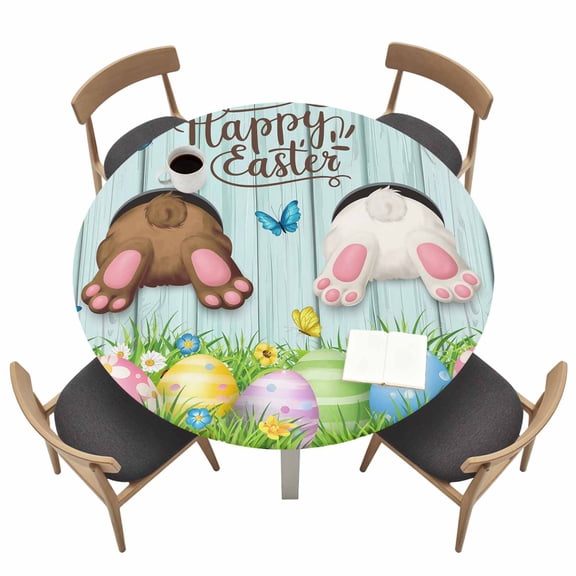 Easter Fitted Tablecloth with Elastic Edged, Round Table Cloth for Dining Table, Spring Easter Eggs Bunny Farmhouse Wooden Grain Waterproof Oil Proof Table Cover for Indoor Outdoor 45"-54"