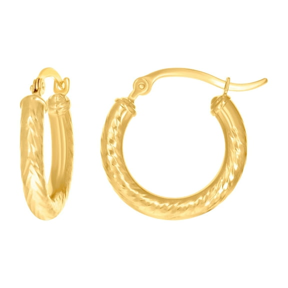 14k Yellow Gold Womens Round Tube Sparkle-Cut Patterned Fancy Hoop Earrings 19x3mm Wide Hoop Earring for Women