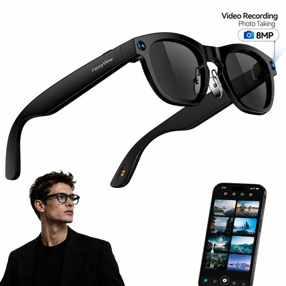 AI Smart Glasses with Camera, HD Photo/Video Recording, Sunglasses for Men and Women, Open Ear Audio, Voice Assistant, Real Time Translation, Hands Free Calls, Shiny Black