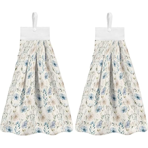 wonima01 Kitchen Hand Towels with Button Hanging Loops Bathroom Blue Floral Soft Hanging Tie Towels Absorbent Tie Towel Pattern Dish Towel with Hanging Loop Washcloth Indoor Decoration 2 Pack