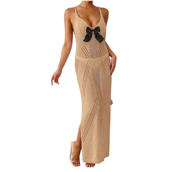Levmjia Women's Halter Neck Cover Up Dress Bow Tie Front Slit Beach Dress Sexy Hollow Out Swimwear Coverup for Summer Vacation