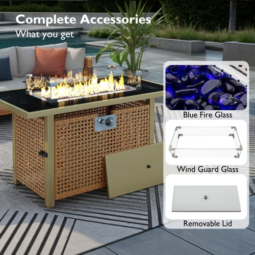 Propane Fire Pit Table Wicker & Steel, 60,000 BTU Rectangular Outdoor Heater with Tempered Glass Wind Guard & UV-Resistant Rattan, Orange
