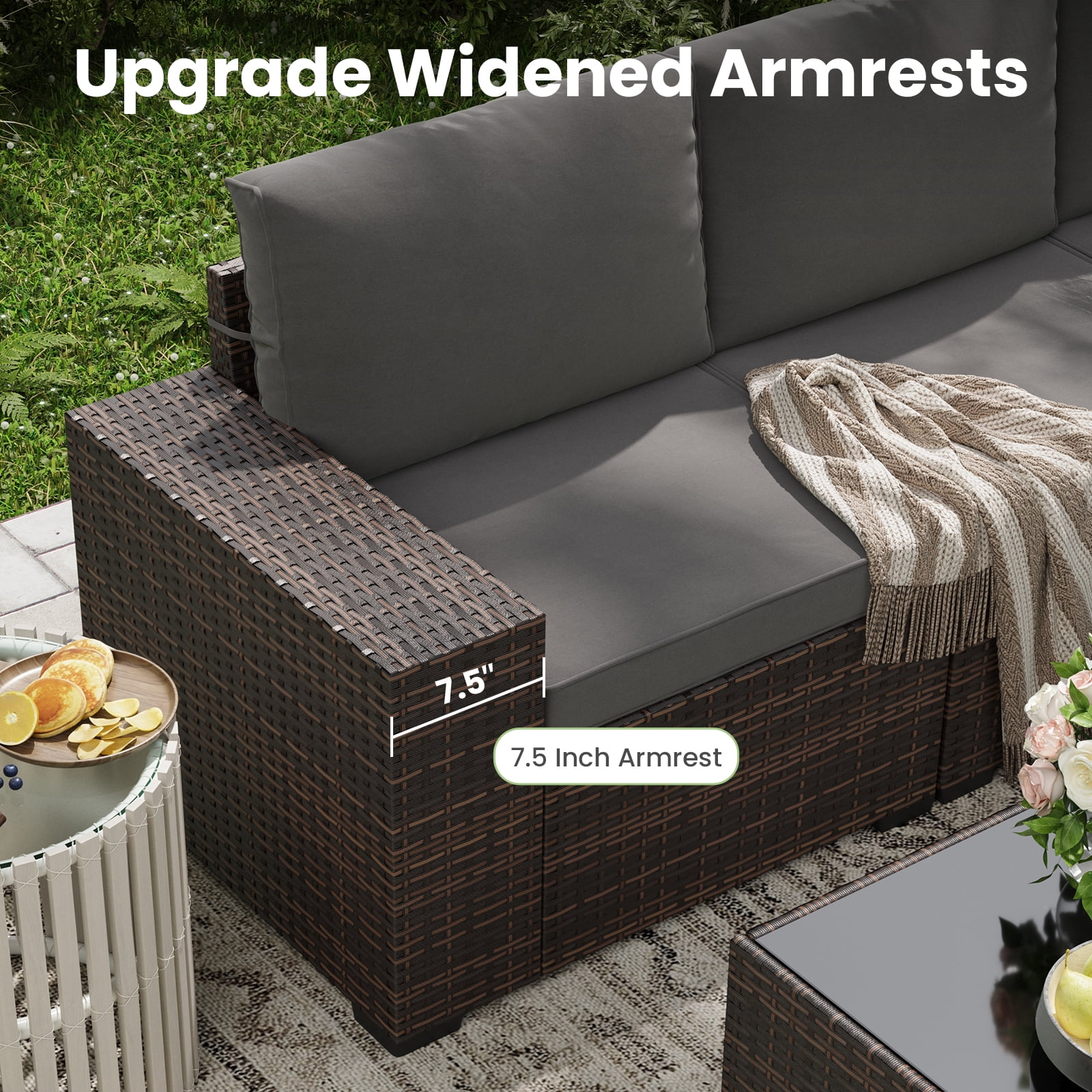 STARY 6 Pieces Outdoor Sectional Sofa with Wide Armrests, Patio Conversation Set, PE Rattan Furniture Set for Backyard, Grey