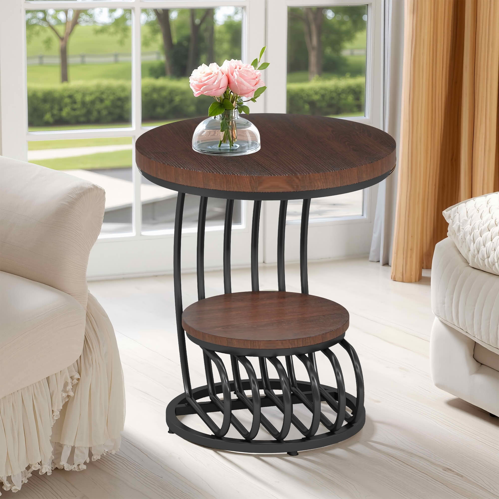 MAYEERTY 2-Tier Round End Side Table, White Faux Marble Top Gold Metal Frame Storage Nightstand for Bedroom Living Room