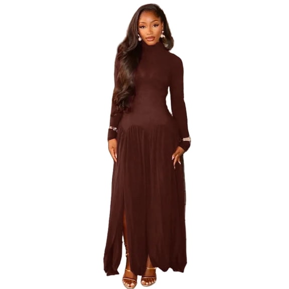 Women's Turtleneck Long Sleeve Pleated Split Hips Wrapped Long Dress, Solid Color