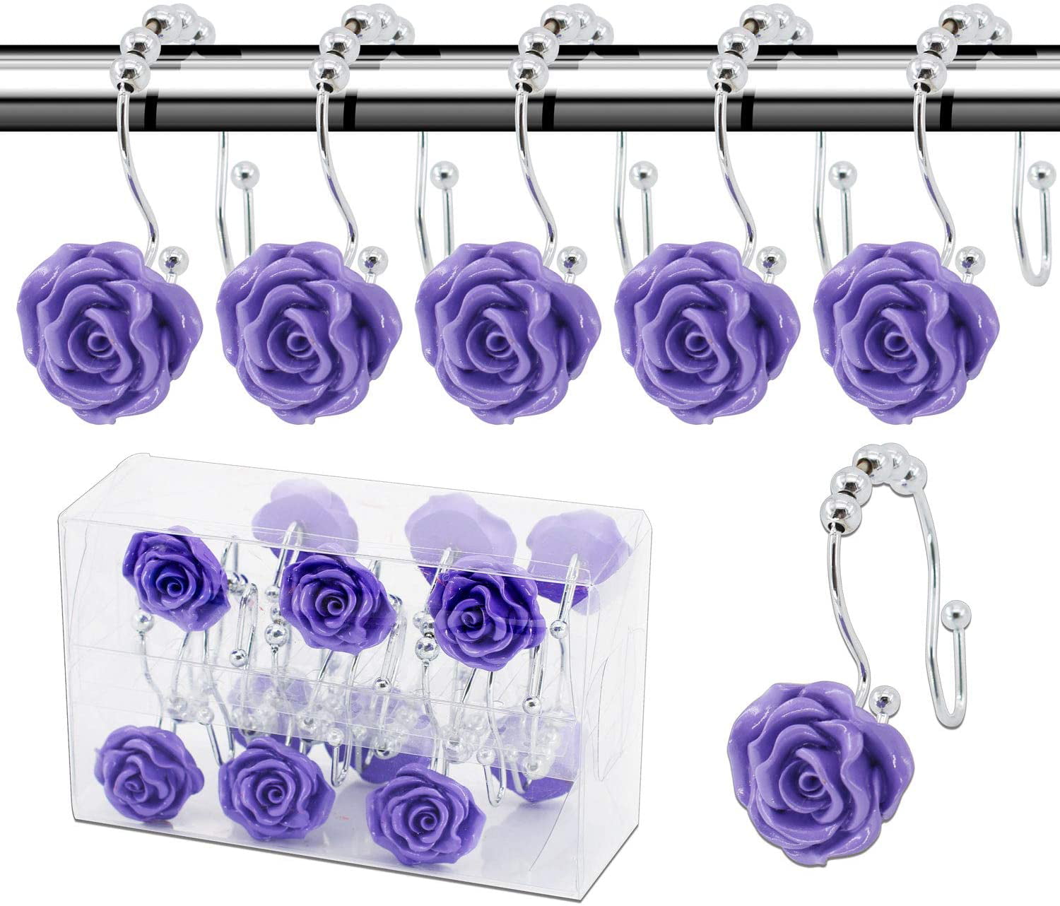UFURMATE Shower Curtain Hooks Red 12Pcs Stainless Steel Rustproof Decorative Shower Hook Double Glide Shower Curtain Rings with Decorative Resin Rose Flower for Bathroom Shower Rods