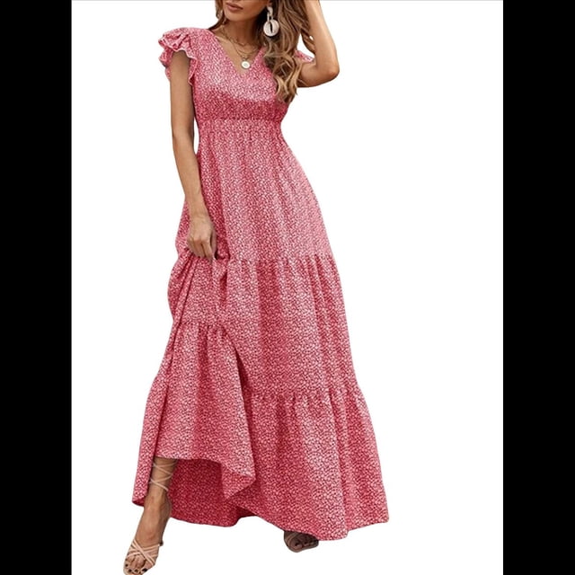 Vestido de Verano 2025 para Mujer, Cuello en V, Corta, Cintura Alta, Estampado Floral, Volantes Escalonados, Corte A, Maxi Rojo M