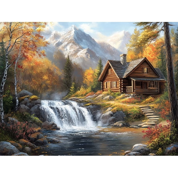 DIY Cabin with Waterfall 11CT Pre-Printed Cross Stitch Kit for Adults & Beginners, Easy Needlepoint Pattern for DIY Home Décor & Crafts 12