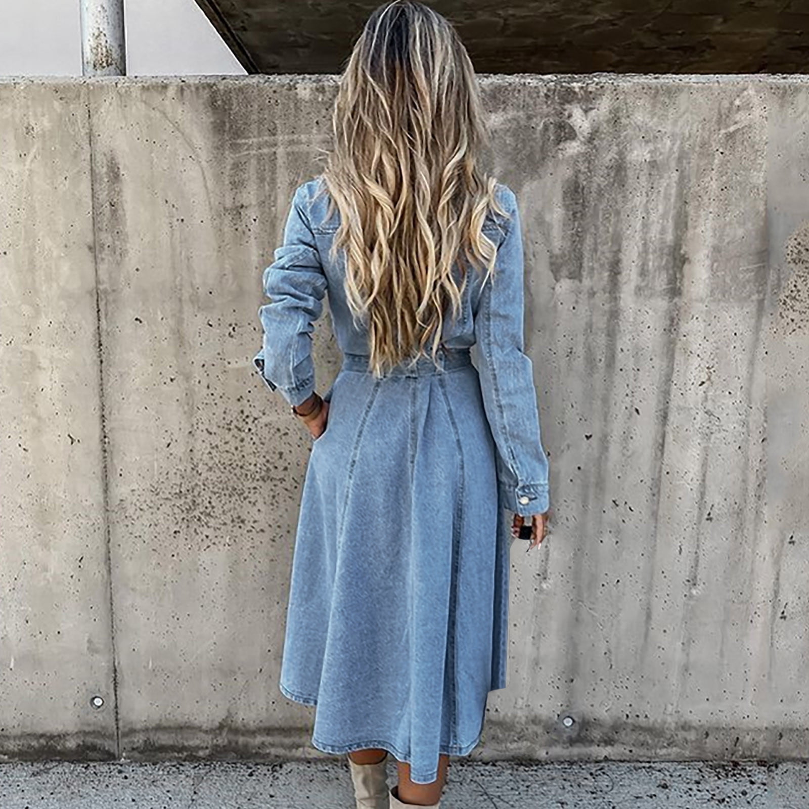 Womens Long Sleeve Denim Dress Button Down Tie Waist Classic Jean Dresses Distressed Casual Swing Fall Midi Dress Walmart