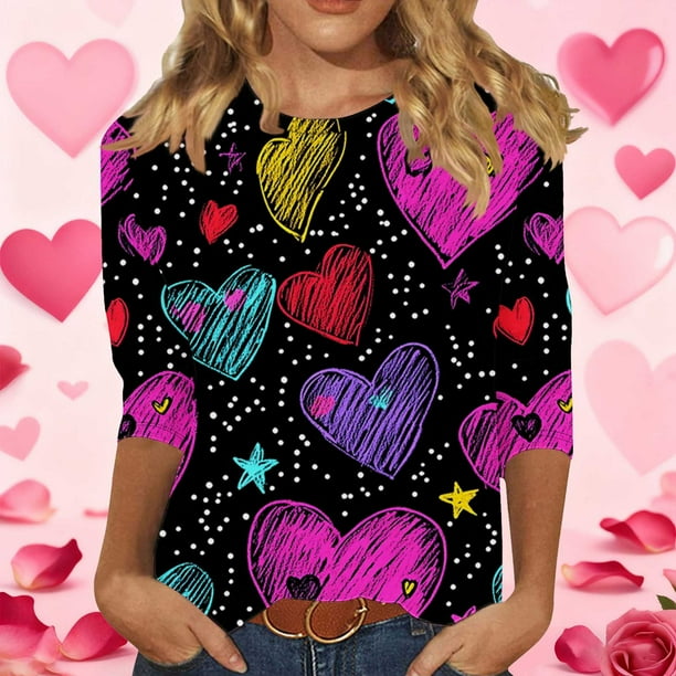 RKSTN Valentines 3/4 Sleeve Tops for Women Oversized Crewneck Valentine's Day Graphic Printed Short Sleeve T Shirt Womens Casual Round Neck Loose Comfy Loves Heart Print Three Quarter Sleeve Shirts