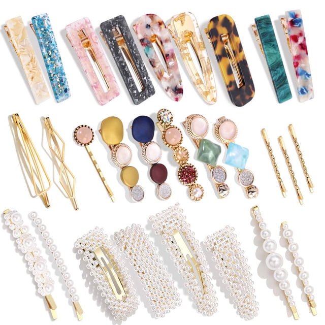 Paquete de 28 Hingwah Perla y resina acrílica Horquillas para el cabello, Horquillas para el cabello hechas a mano, Pinzas para el cabello de cocodrilo de mármol, Pinzas para el cabello geométricas de cristal brillante, Accesorios para el cabello dorados elegantes, Regalos para mujeres Ormromra WMZL-975