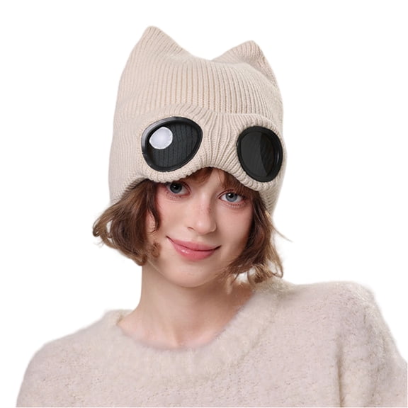 Fall Winter Beanies Skullies Knitted Hat Cute Cat Ear Hat Warm Solid Color For Women With Sunglasses Windproof Couples Cap Fashion Flying Ski Hats