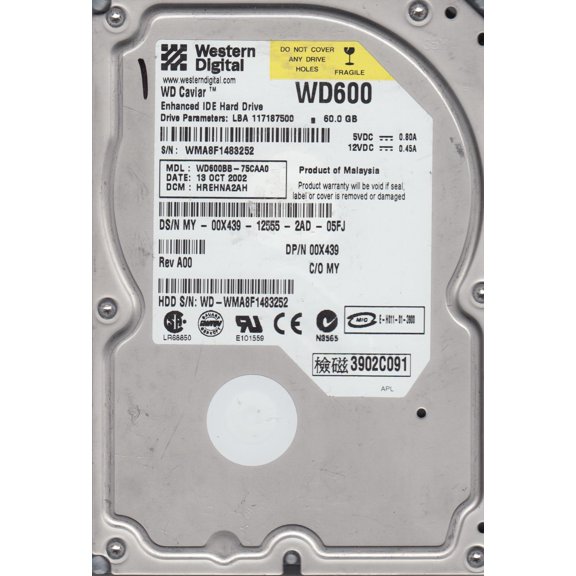 WD600BB-75CAA0, DCM HREHNA2AH, Western Digital 60GB IDE 3.5 Hard Drive