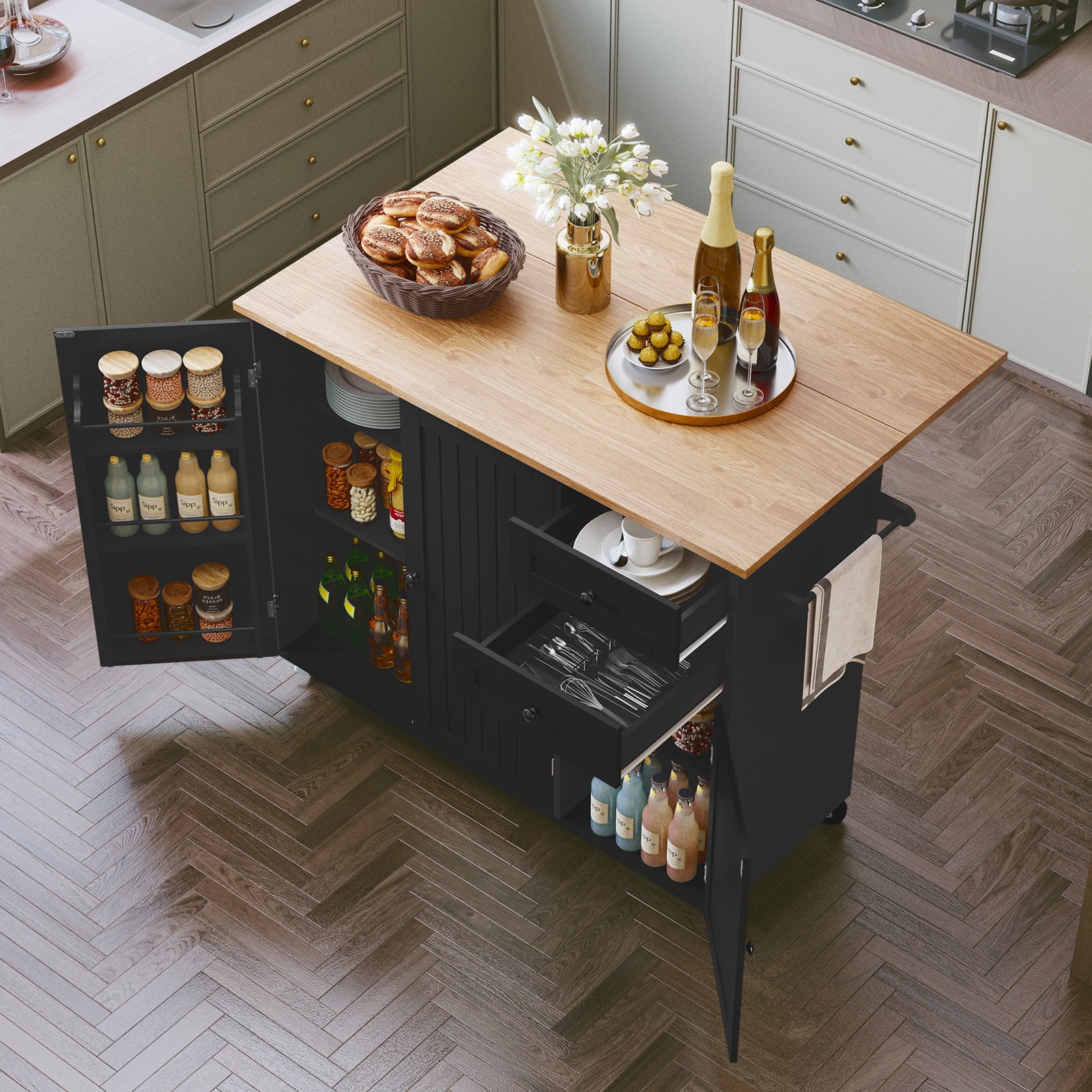 CBJCBJ 50.4" Kitchen Island with Storage, Wood Top Cart with Drop Leaf and Wheels, Black